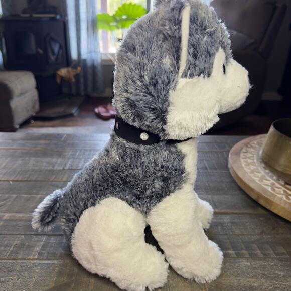 LINZY Toys Husky Puppy Dog Plush Stuffed Animal Black White Collar 15" - Picture 4 of 8